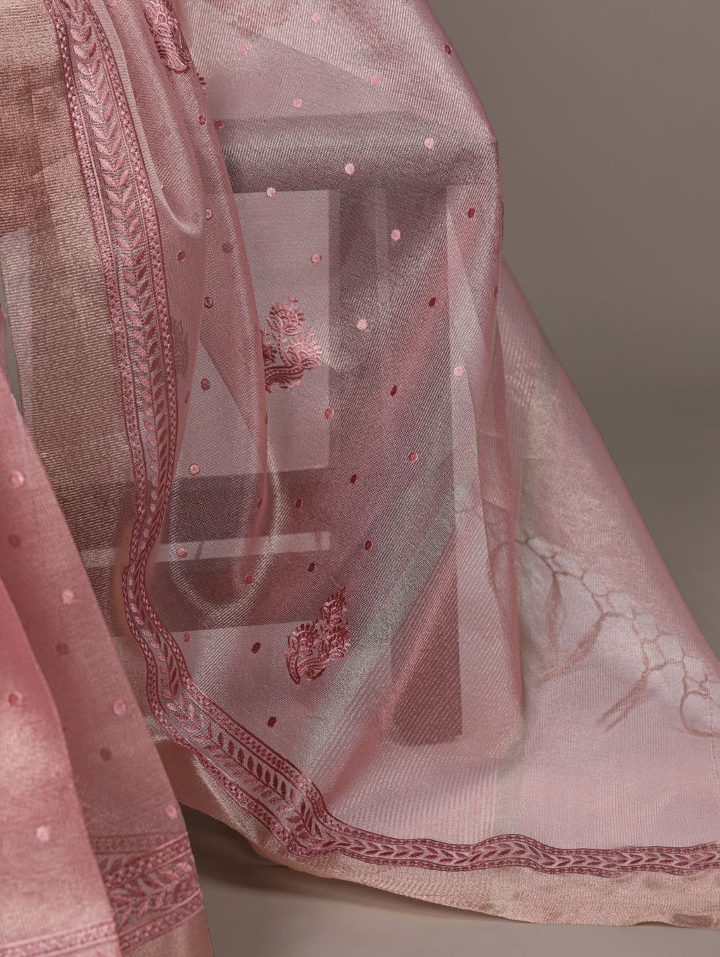 Light pink poly shimmer thread embroidered saree with unstitched blouse