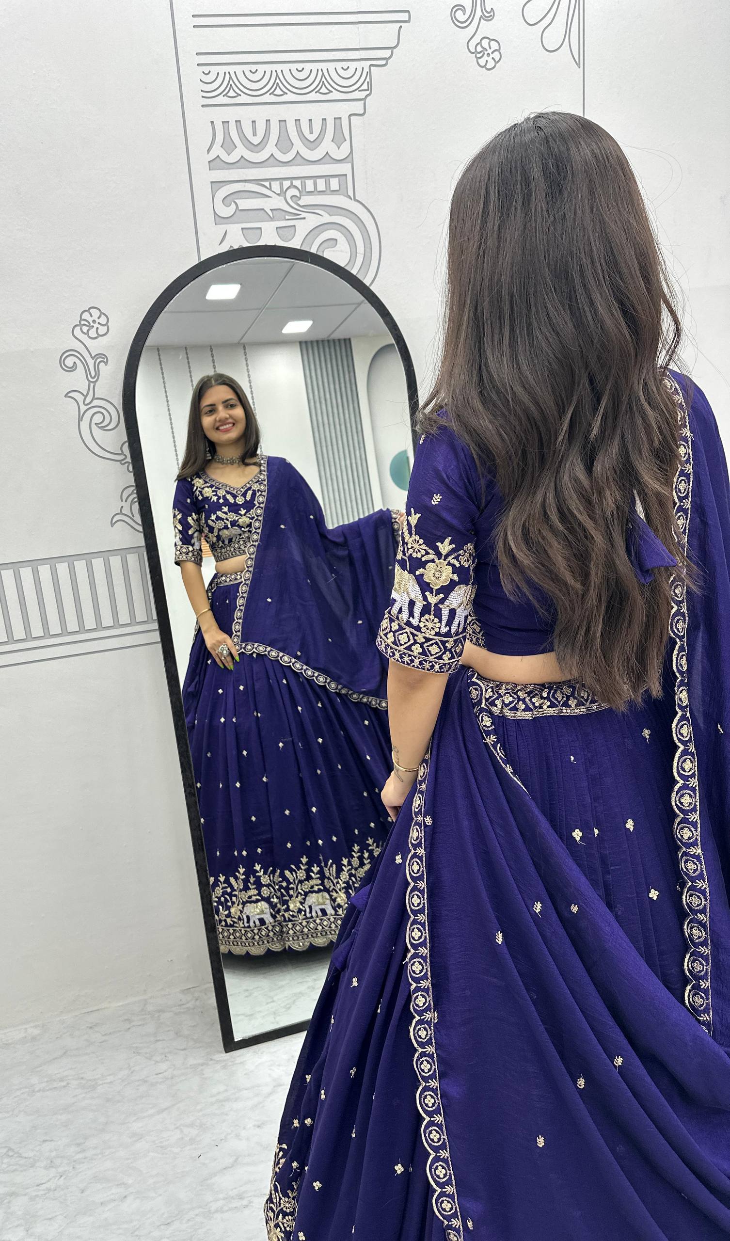 Gopi navy blue Vichitra silk lehenga choli with embroidery sequins thread work