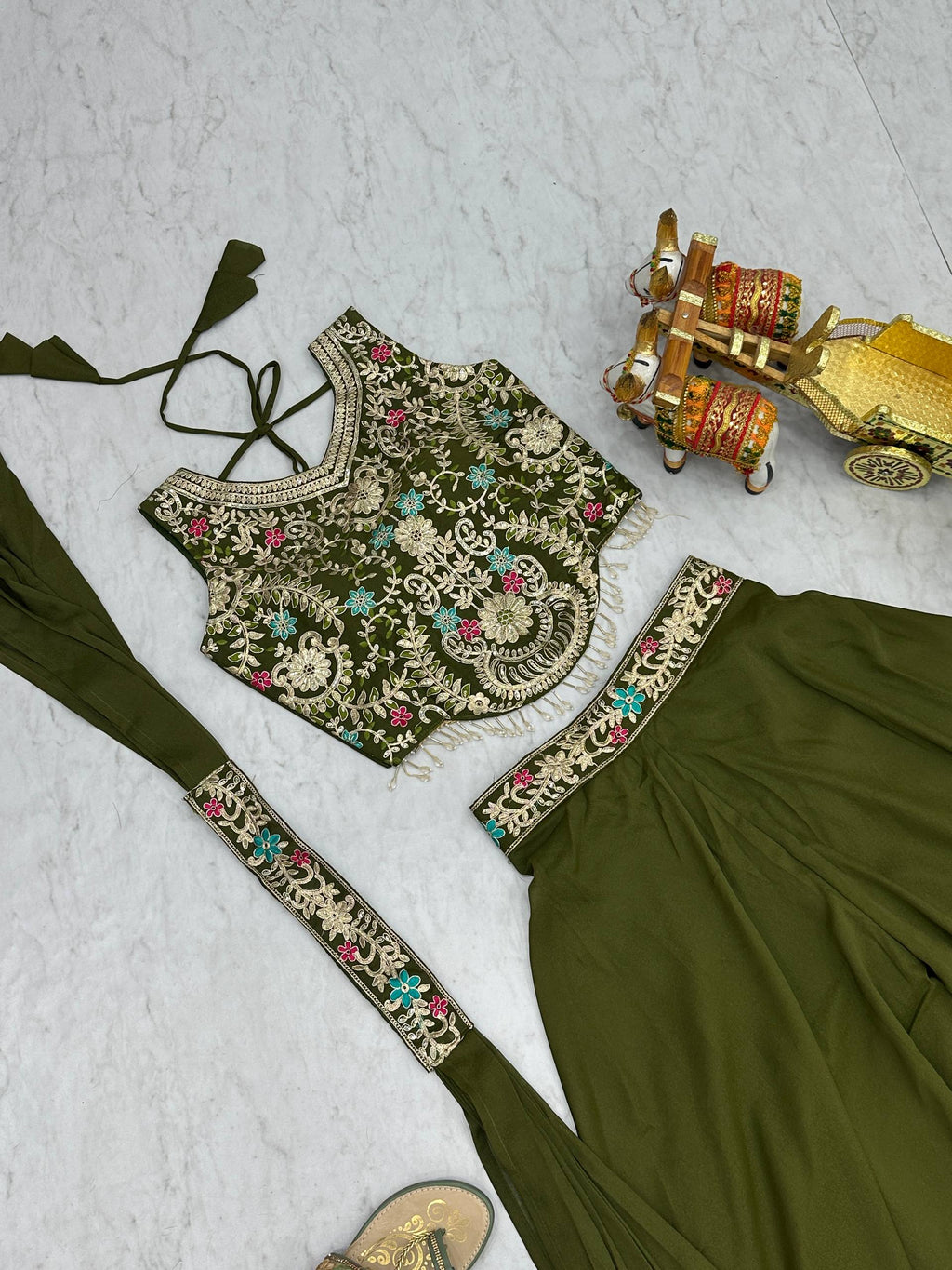 Stuti olive green star georgette top palazzo set with sequins thread embroidery