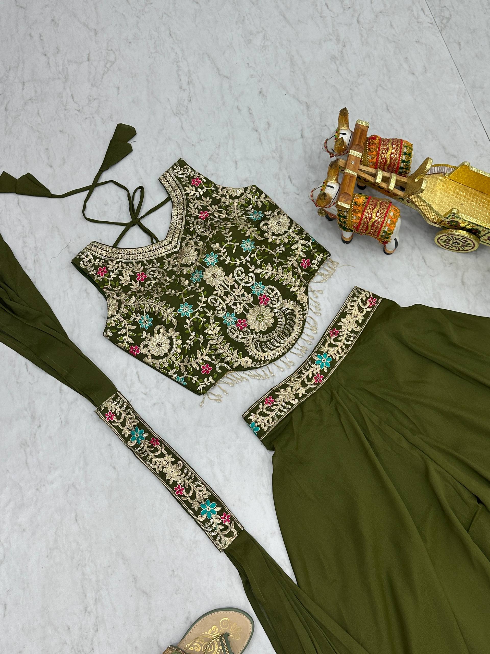 Stuti olive green star georgette top palazzo set with sequins thread embroidery