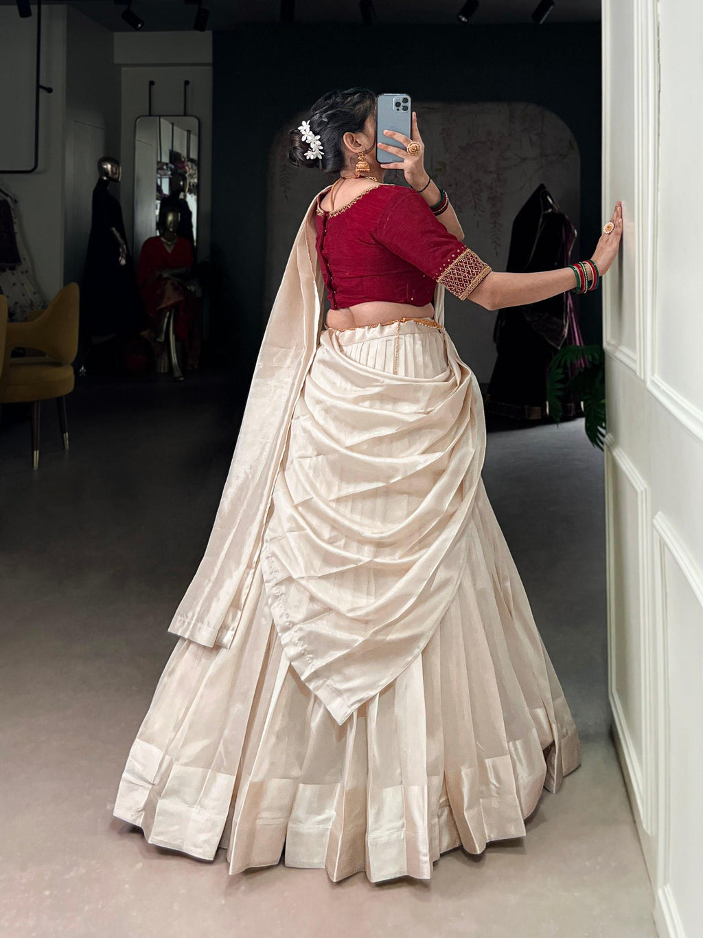 Off white poly Tasar viscose border and bead work traditional lehenga choli
