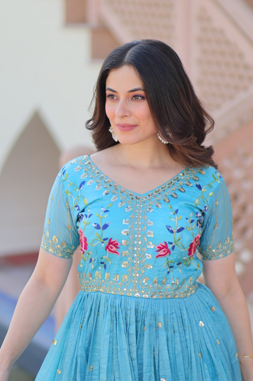 Sky blue gold crush zari sequins work embroidered gown