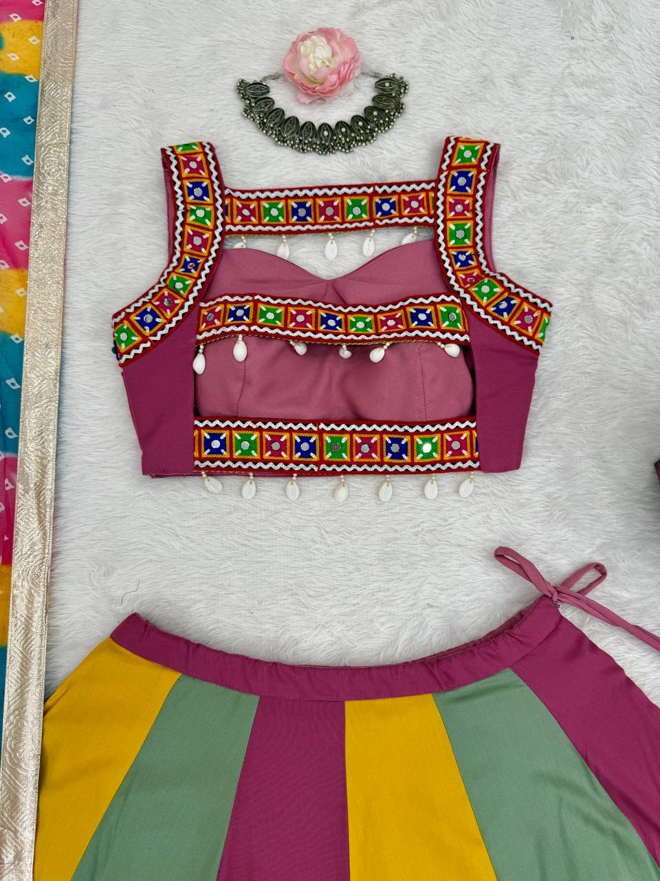Multicolor rayon Gamthi thread mirror work Navratri lehenga choli with dupatta