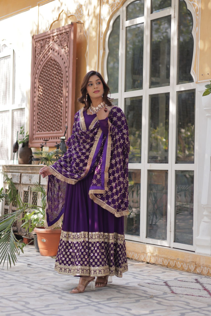 Avishka purple embroidered anarkali gown set