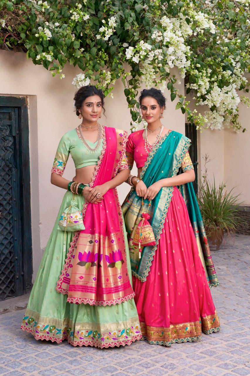 Pista green jacquard silk Paithani lehenga choli with dupatta and batwa