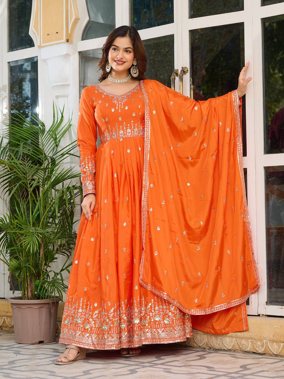 Meghnita Anarkali suit in American Silk with thread & sequin embroidery, padded gown, stitched pant & dupatta—perfect for weddings & festive wear.