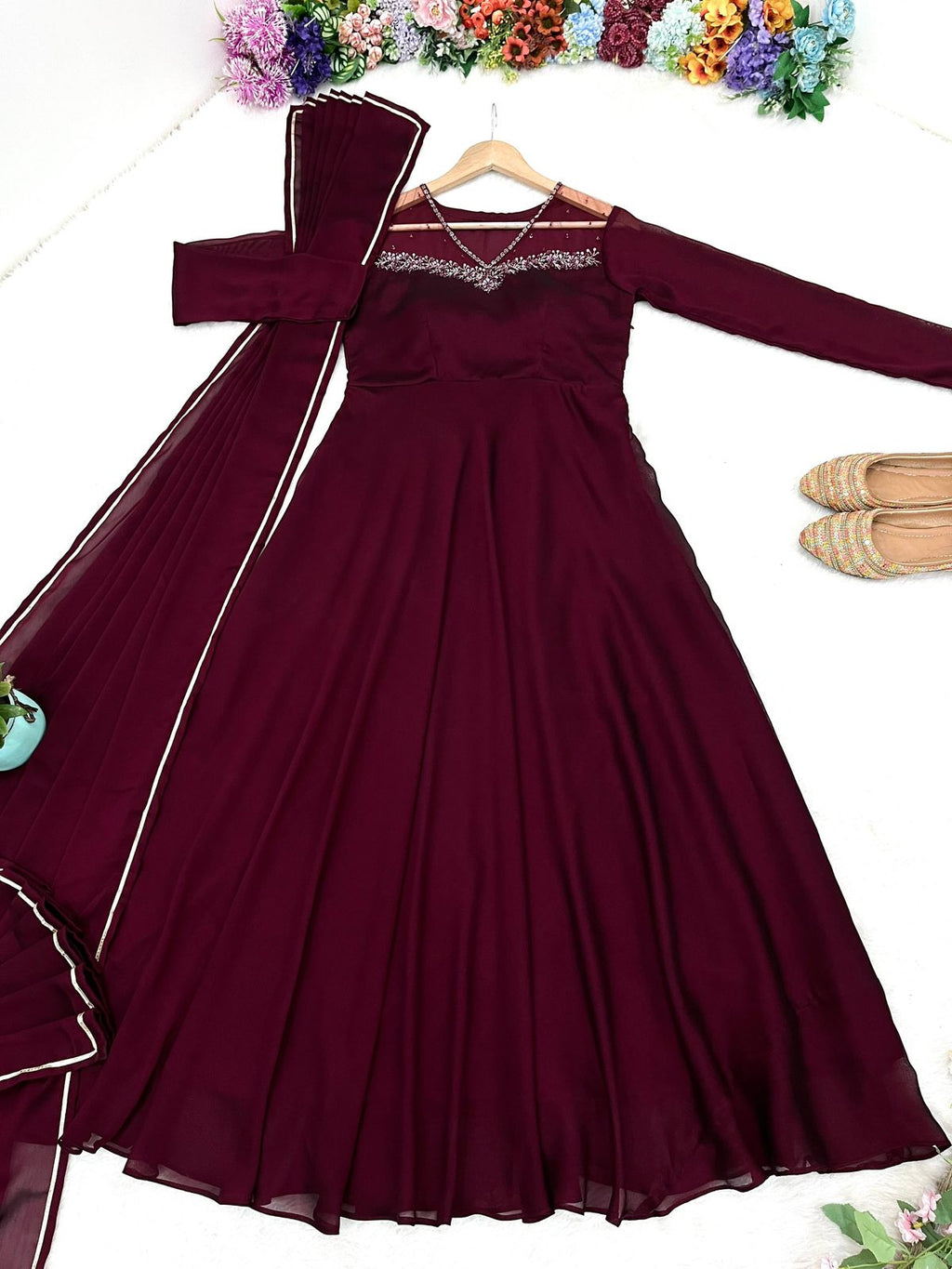 Wine georgette embroidered Manha designer Anarkali gown