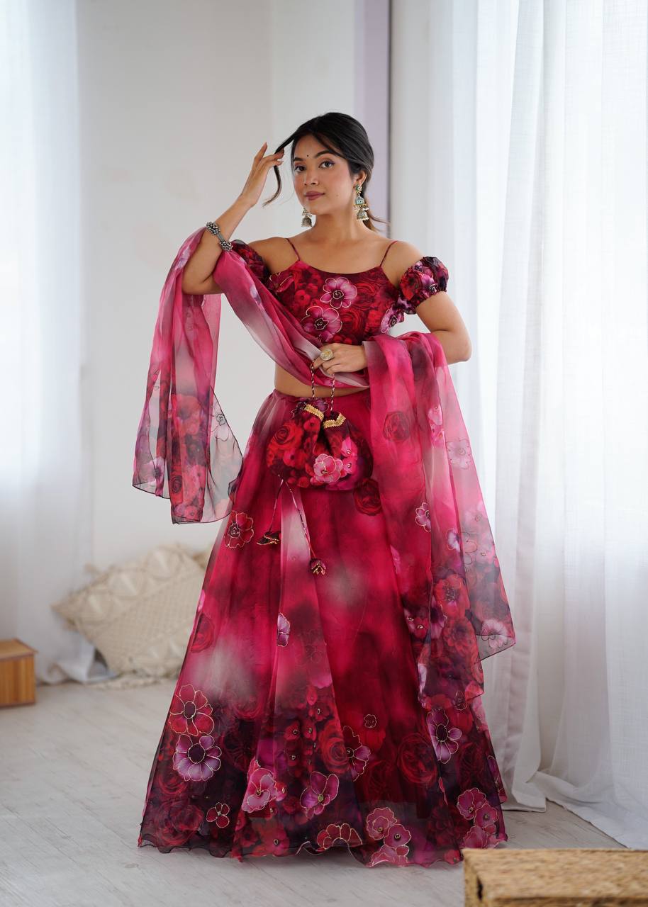 Red pure organza digital print zari work lehenga choli with batwa bag