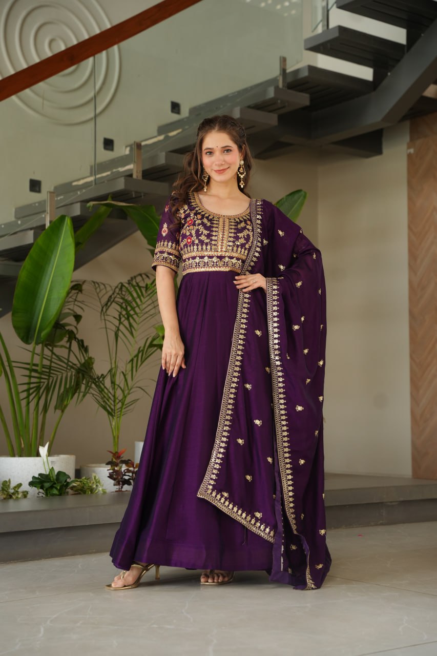 Aadishri purple silk sequins embroidered gown