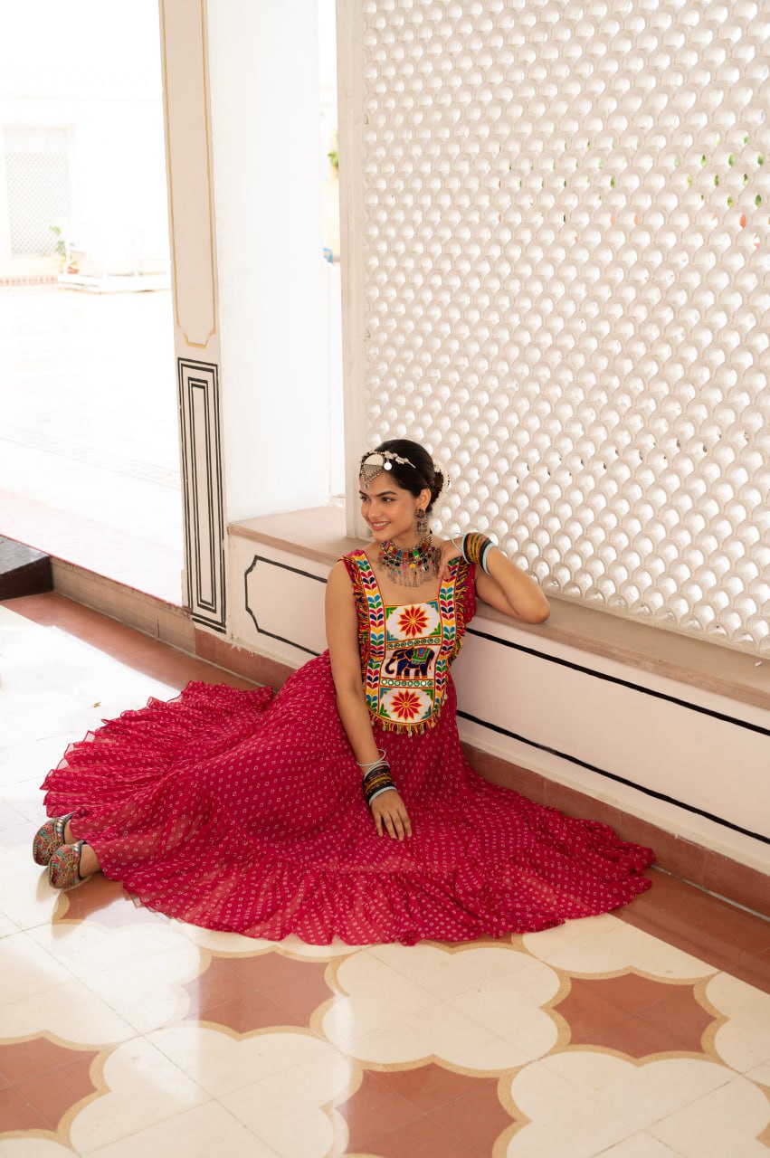 Pink faux georgette Bandhani print Kutchi patch mirror work gown
