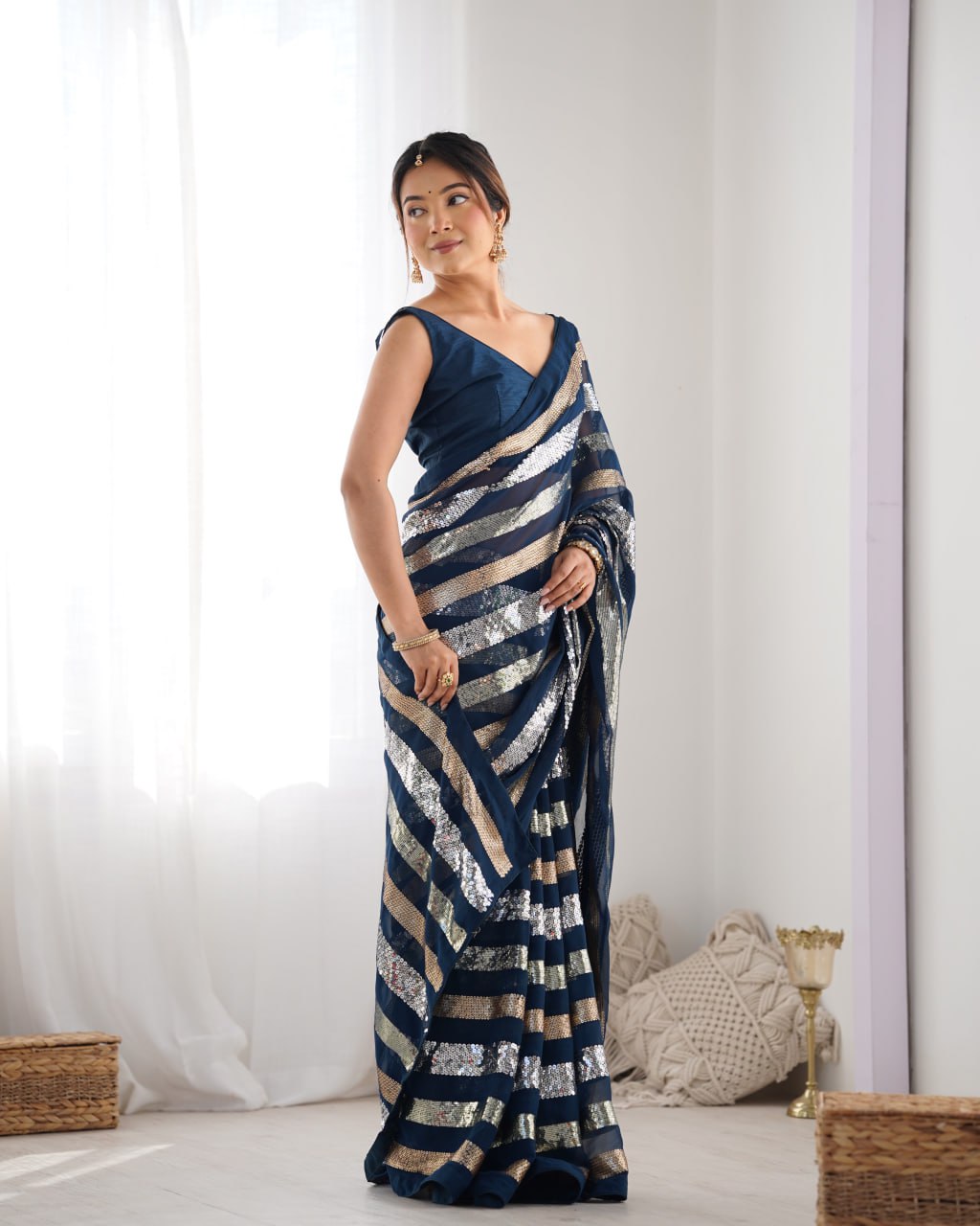 Navy blue georgette sequin embroidered Kira designer saree