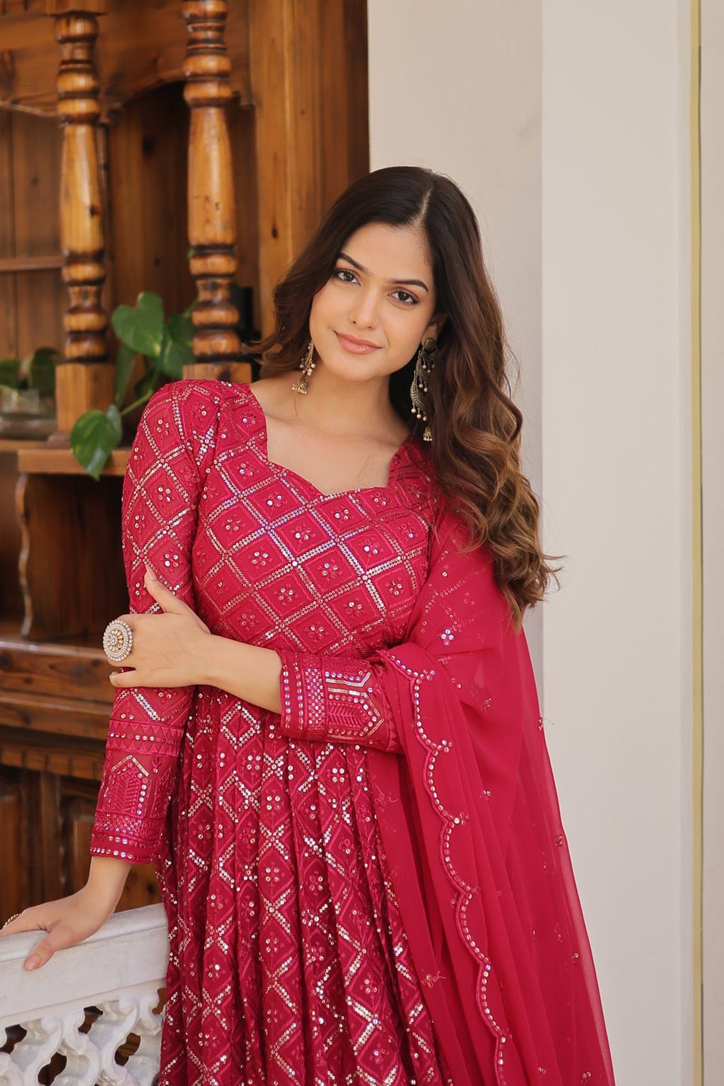 Radiant pink floral gown with dupatta set
