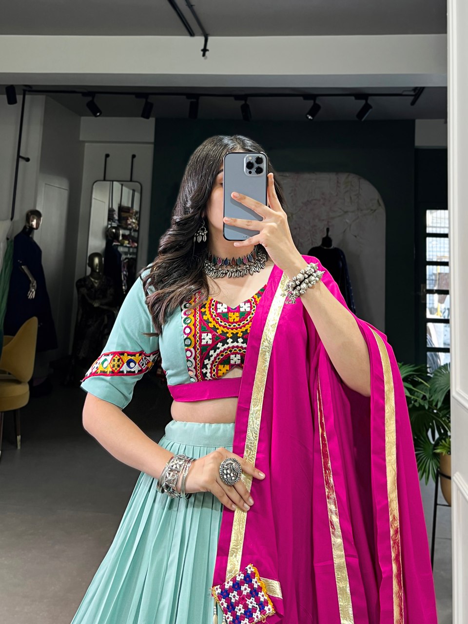 Mint green pure rayon lehenga choli with mirror Gamthi work and Kodi lace dupatta