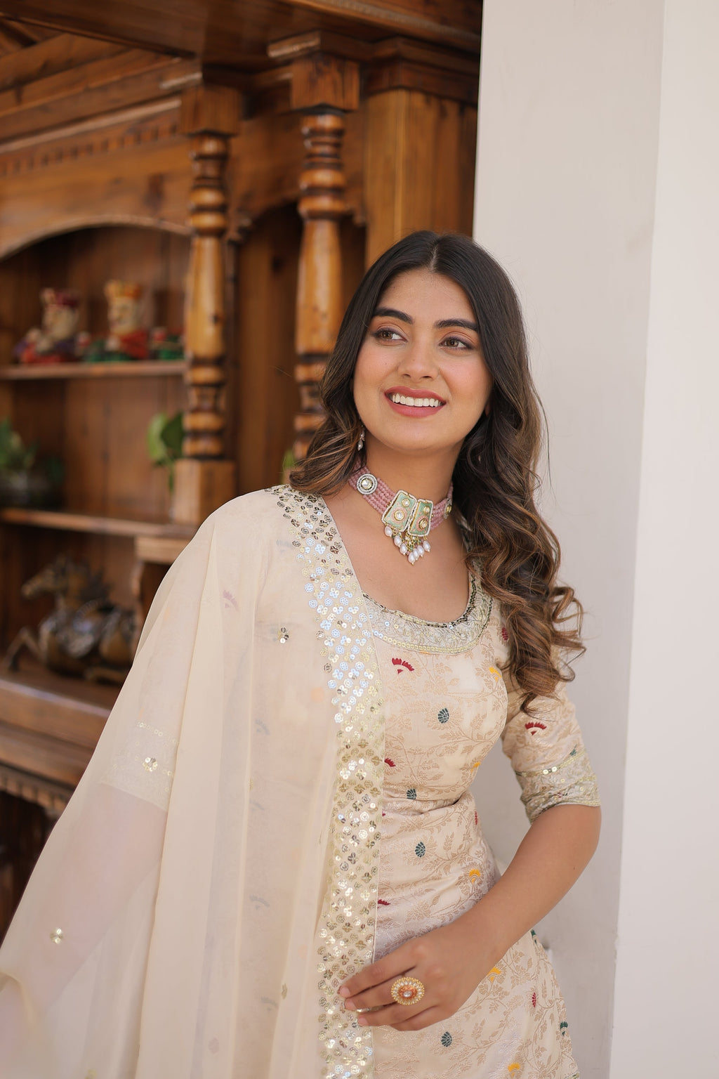 Krishnapriya off white viscose embroidered kurti gharara set