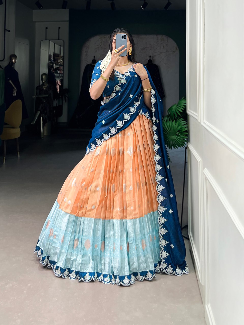 Orange zari Kota lehenga with zari weaving embroidered Vichitra silk dupatta