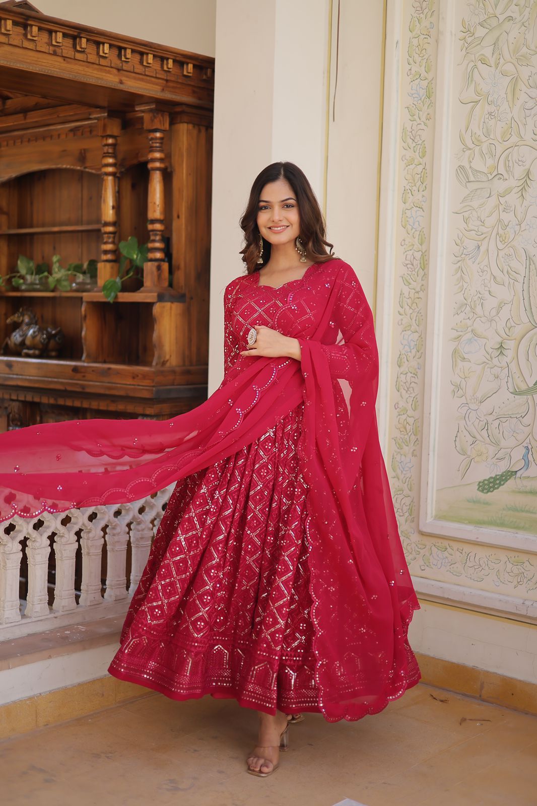 Radiant pink floral gown with dupatta set