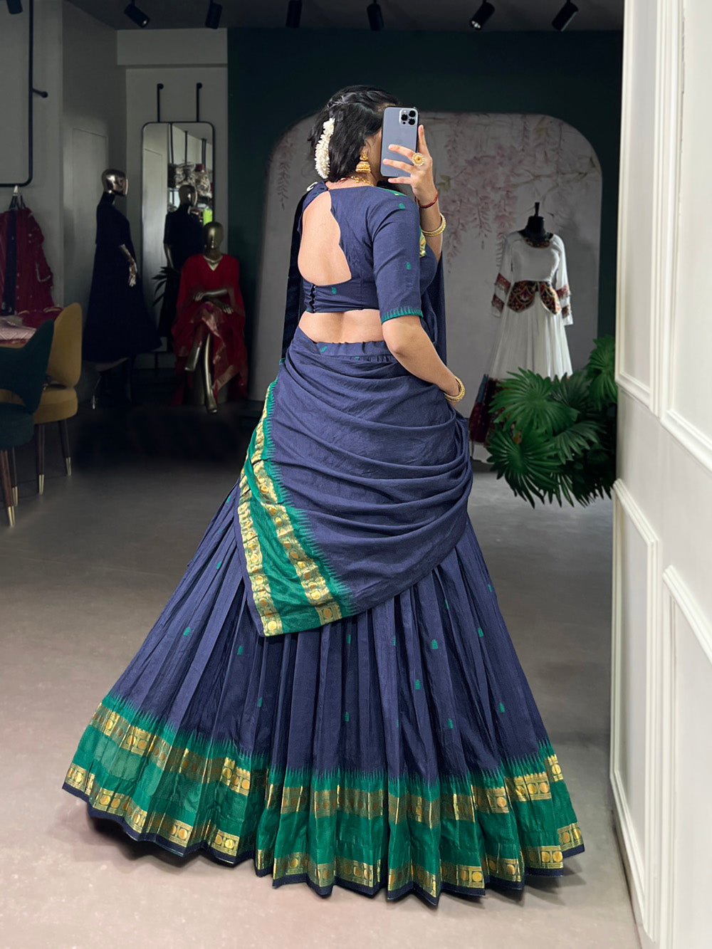 Navy blue Chanderi half-saree lehenga with zari weaving design
