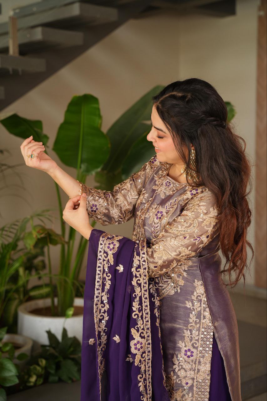 Purple crazy silk embroidered kurti palazzo set with dupatta