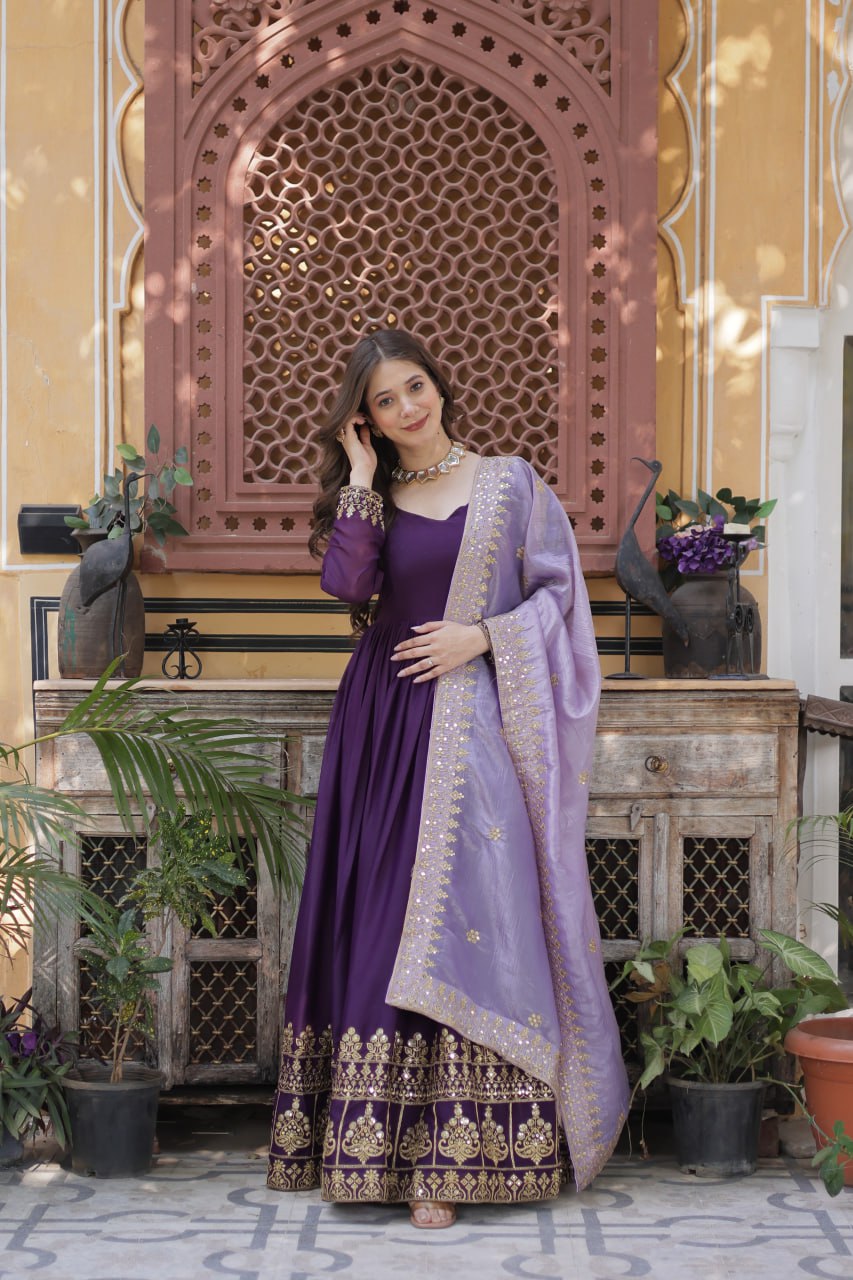 Purple star georgette embroidered zari sequins work gown with dupatta