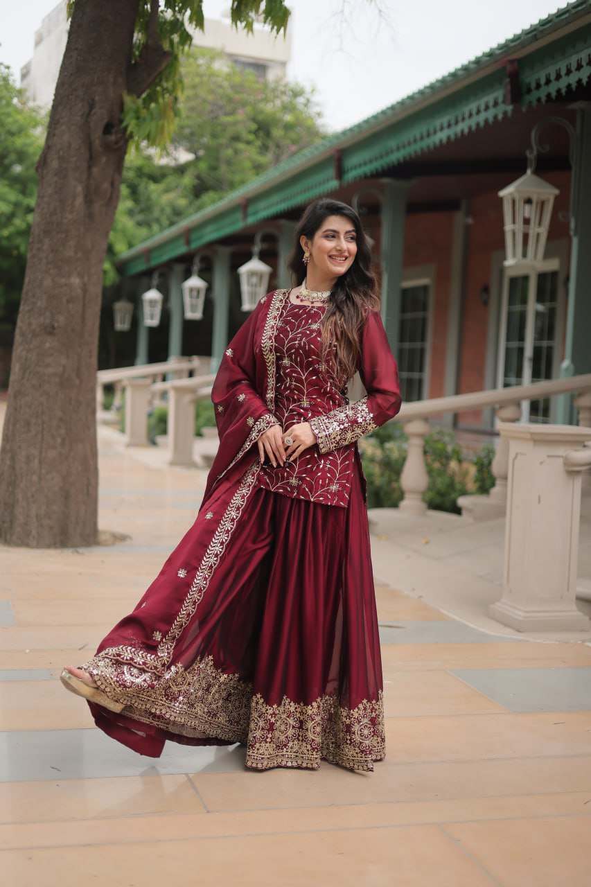 Maroon Rangoli silk embroidered Hitanshi designer kurti palazzo suit