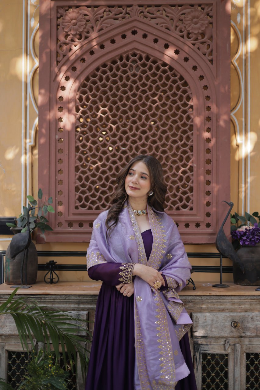 Purple star georgette embroidered zari sequins work gown with dupatta