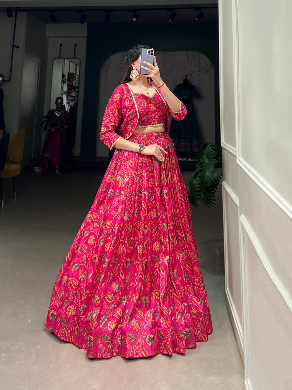 Pink Tasar silk floral print lehenga with blouse and koti