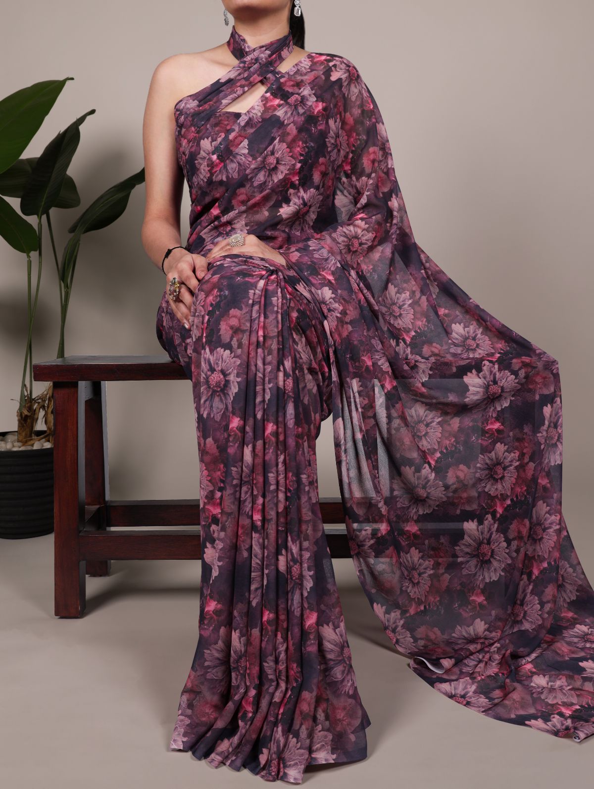 Onion pink weightless marble floral print saree with unstitched blouse