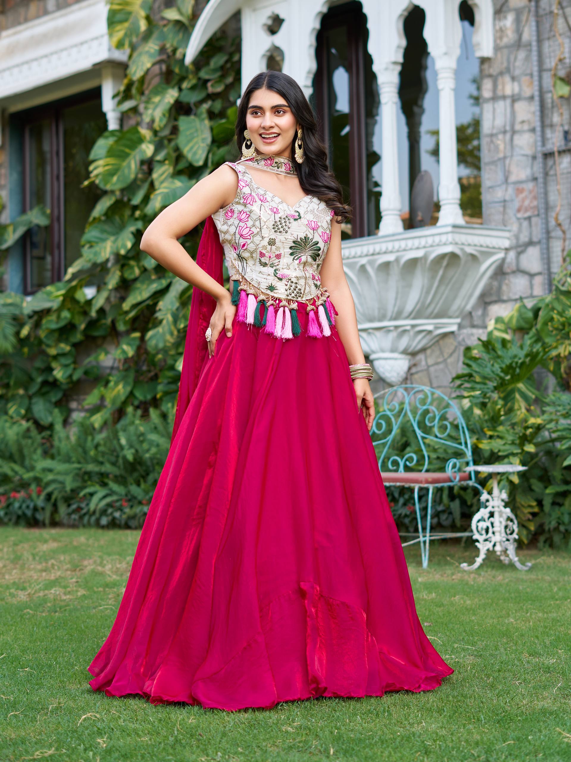 Tanu pink tissue silk lehenga choli with sequins thread work and dupatta