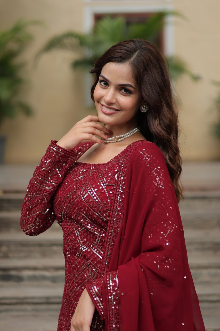 Maroon georgette embroidered Lavya designer sharara suit