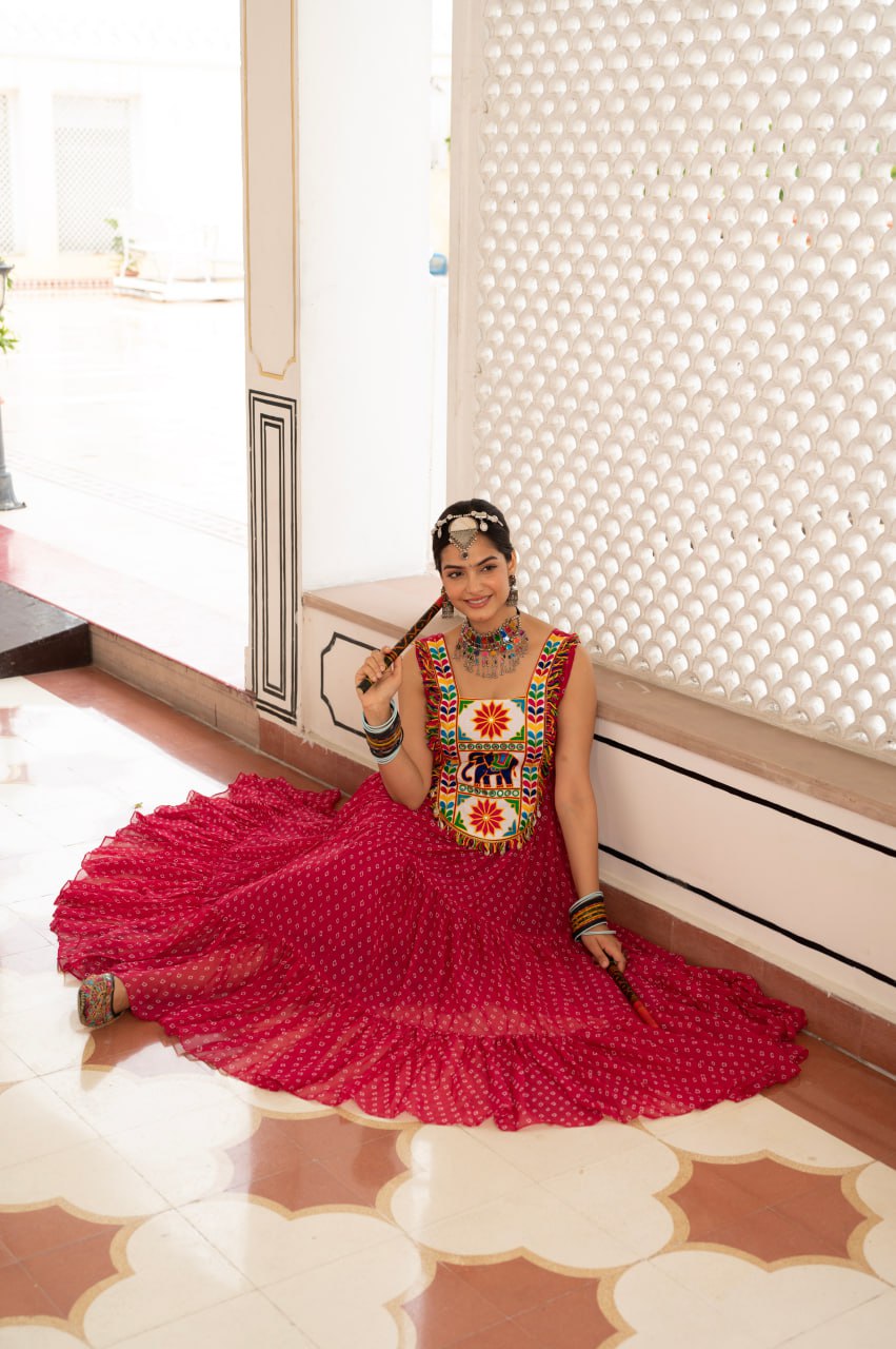 Pink faux georgette Bandhani print Kutchi patch mirror work gown