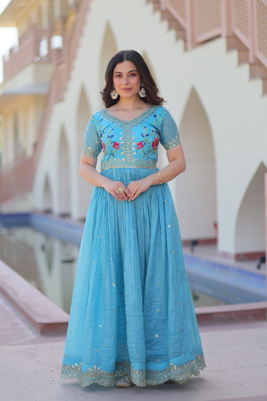 Sky blue gold crush zari sequins work embroidered gown
