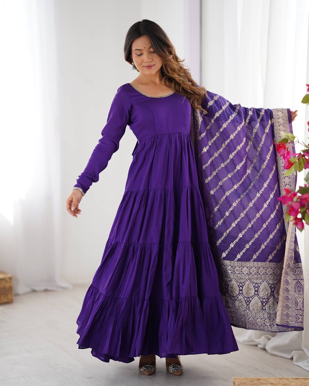 Purple Roman silk Ashika flared designer Anarkali suit