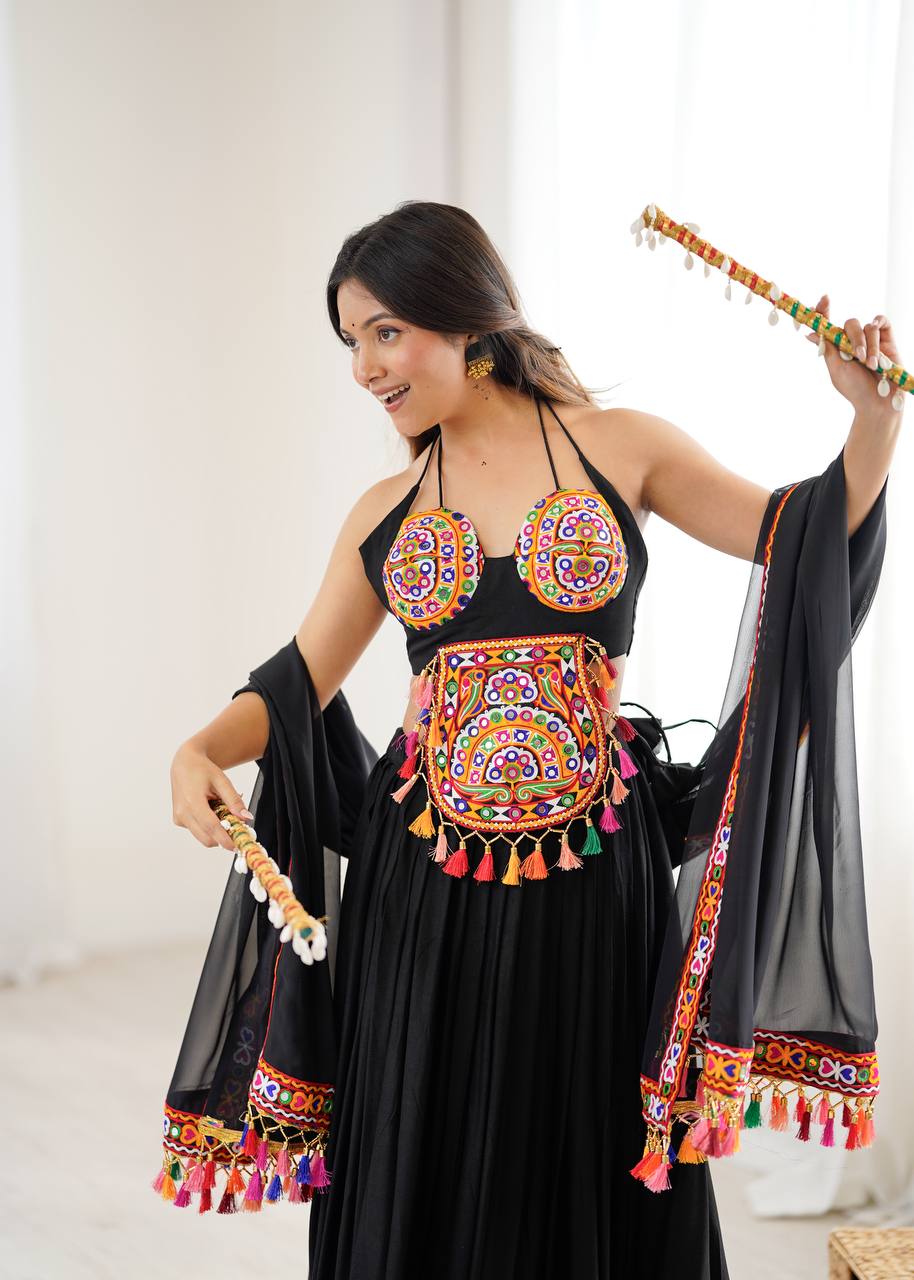 Black georgette lehenga choli with Gamthi embroidery and mirror work