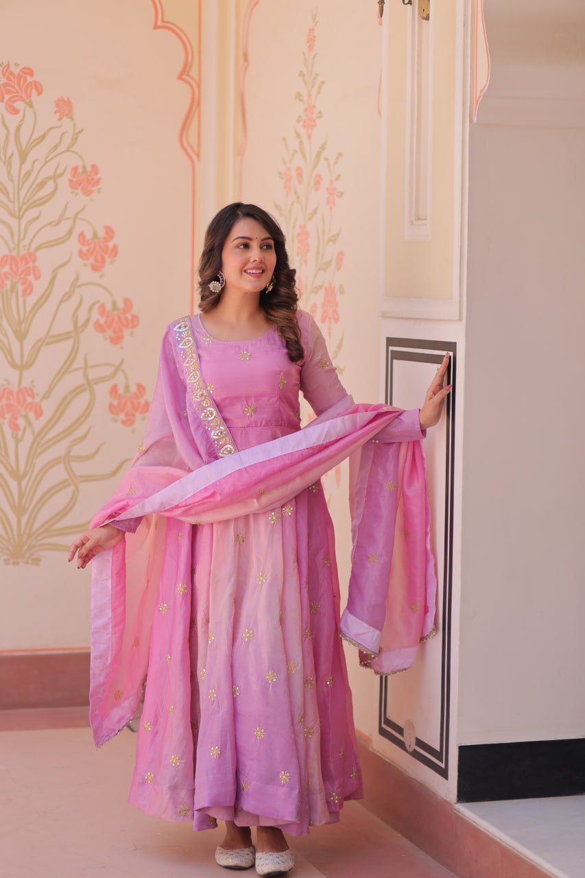 Pink organza flair gown with sequins zari embroidery and dupatta