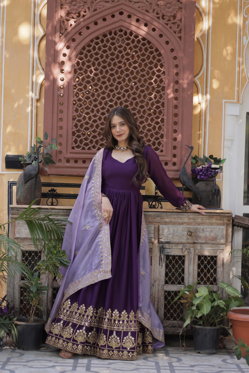 Purple star georgette embroidered zari sequins work gown with dupatta