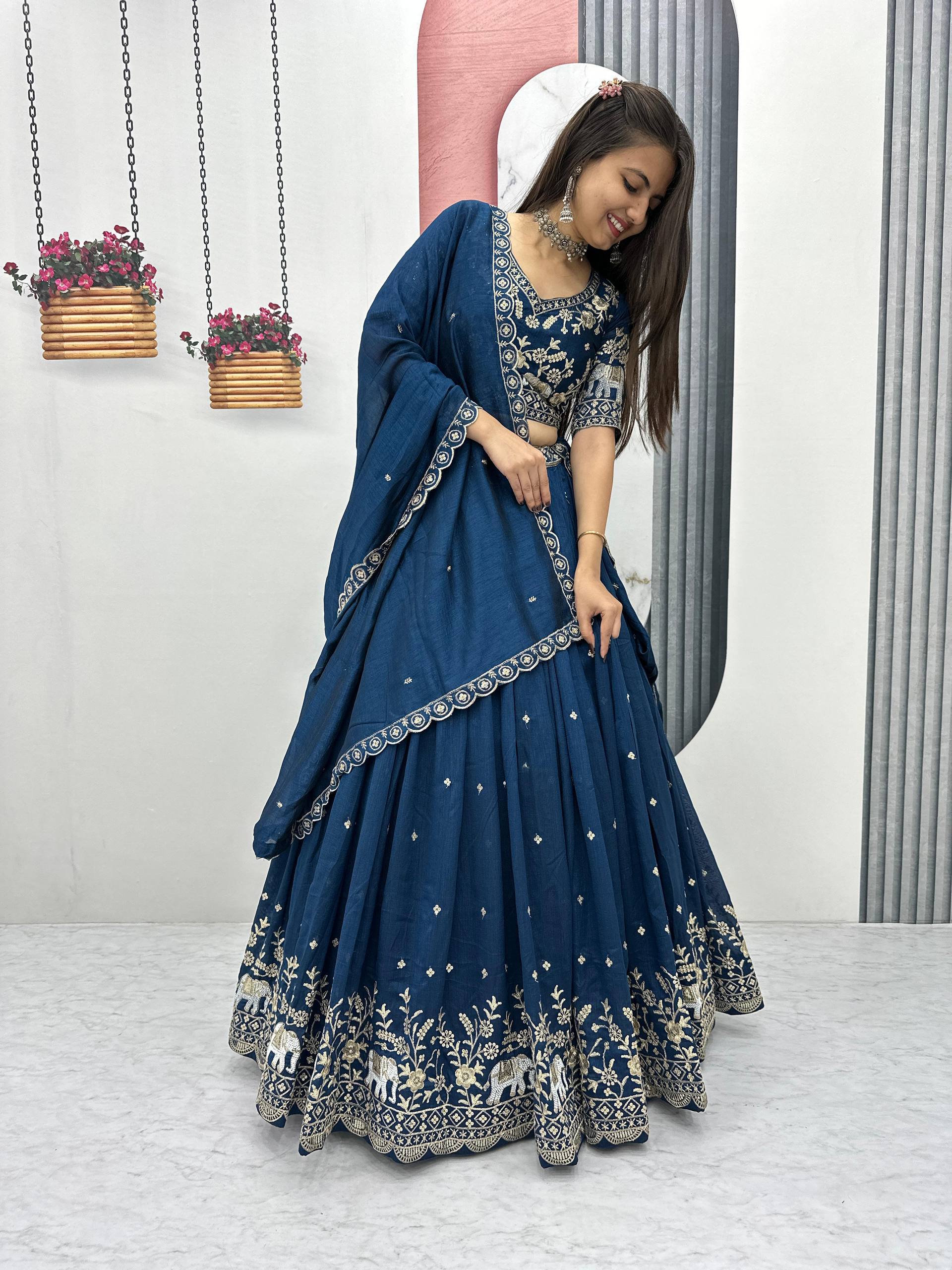 Gopi teal blue Vichitra silk lehenga choli with embroidery sequins thread work