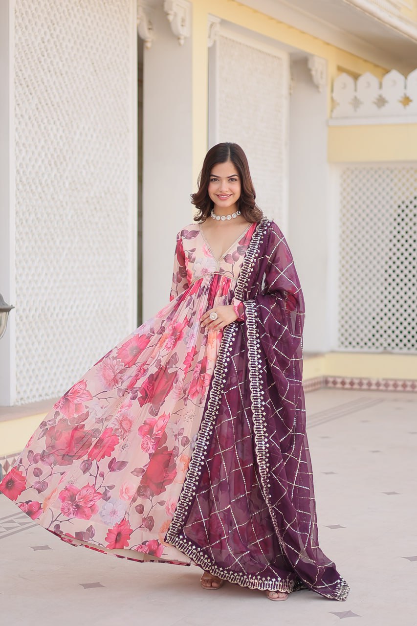 Savitri russian silk printed alia cut pink anarkali suit set