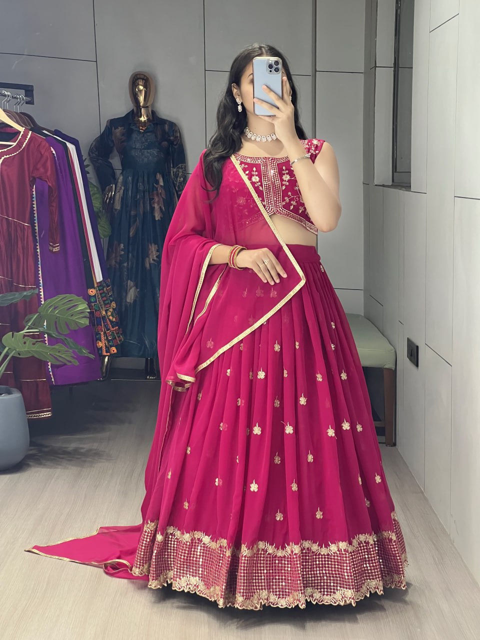 Yami pink georgette embroidered lehenga choli with dupatta