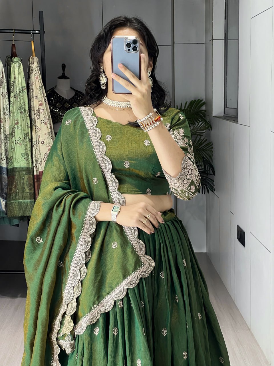 Dipa olive green Vichitra silk embroidered lehenga choli with dupatta