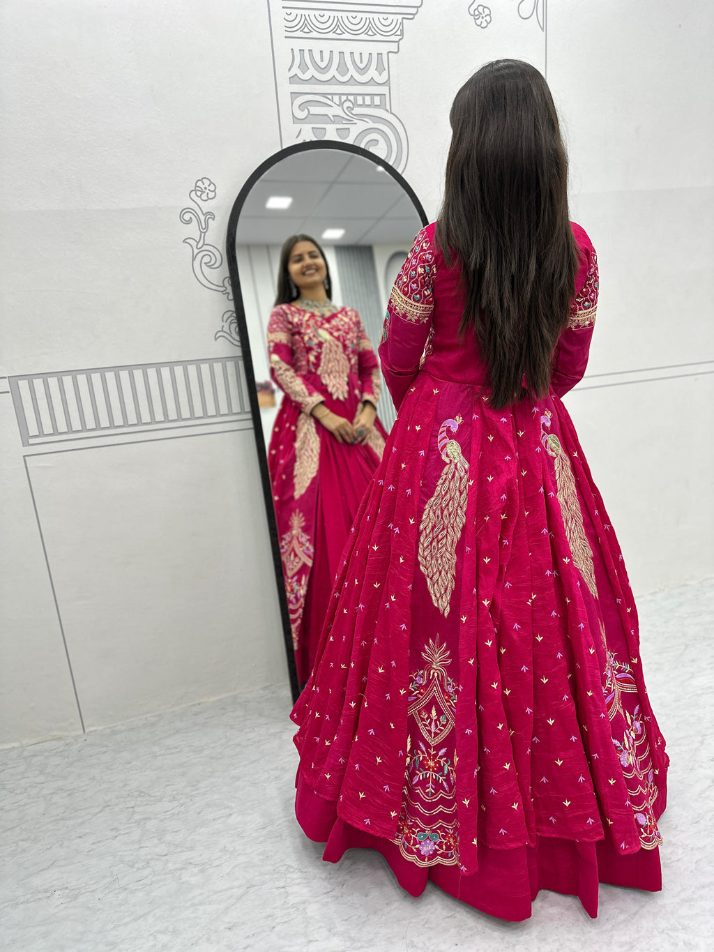 Mani pink vichitra silk crop top peacock design lehenga with embroidered shrug