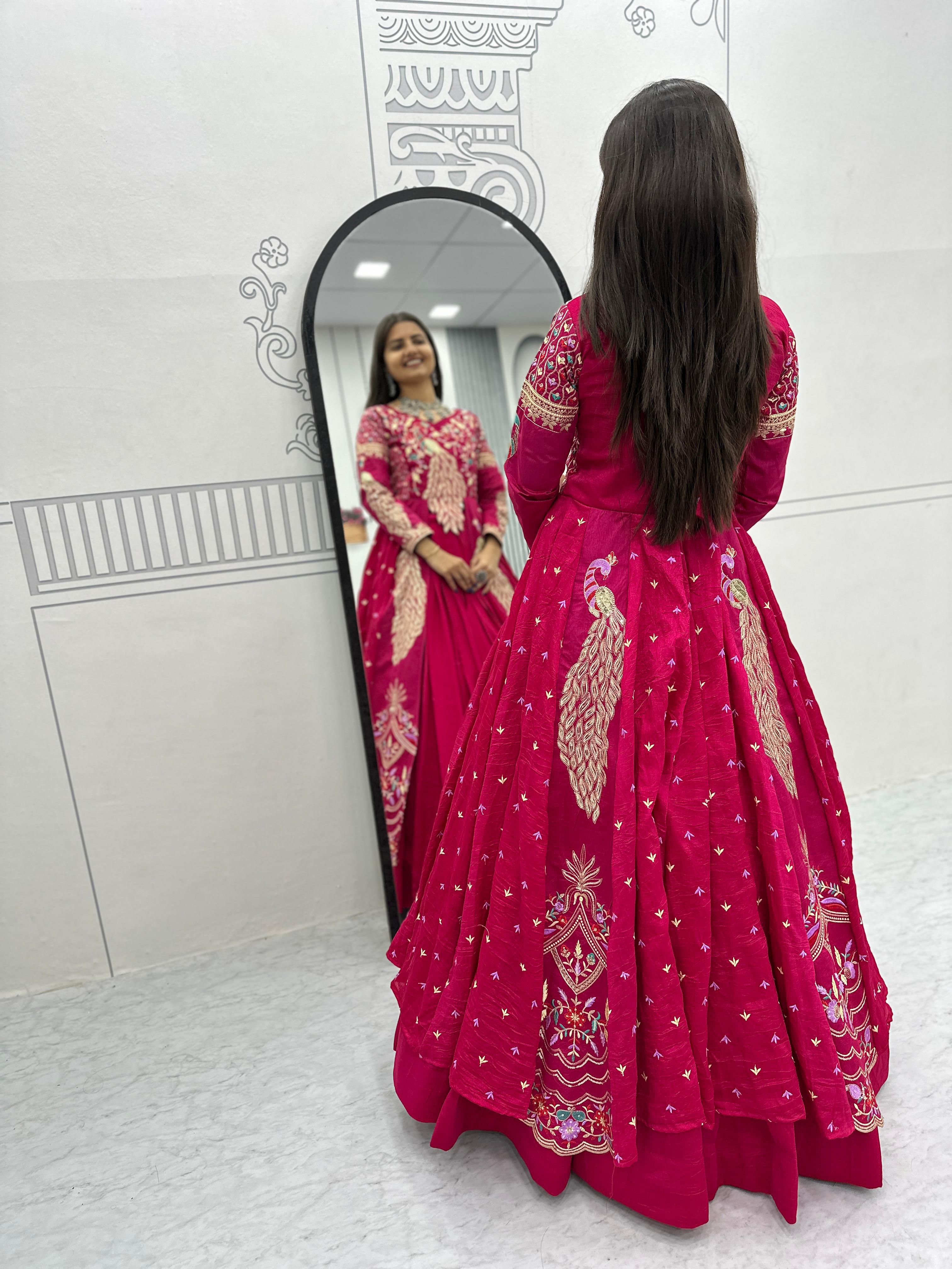 Mani pink vichitra silk crop top peacock design lehenga with embroidered shrug
