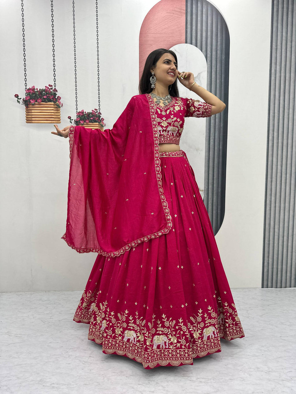 Gopi pink Vichitra silk lehenga choli with embroidery sequins thread work