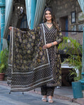 Ishani black cotton printed Anarkali suit set