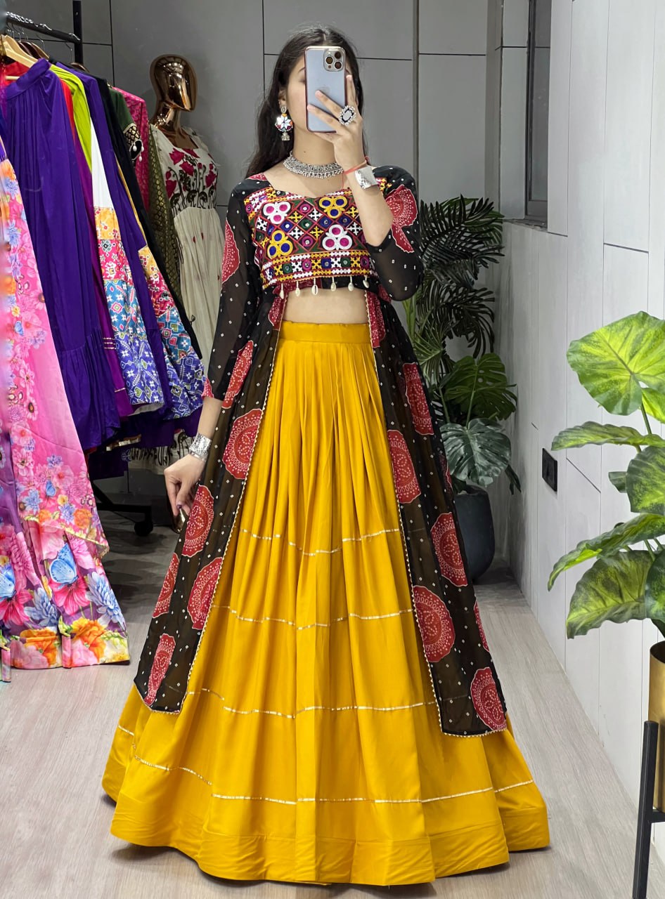 Mustard yellow rayon Bandhani print Gota Patti work faux georgette kurti lehenga