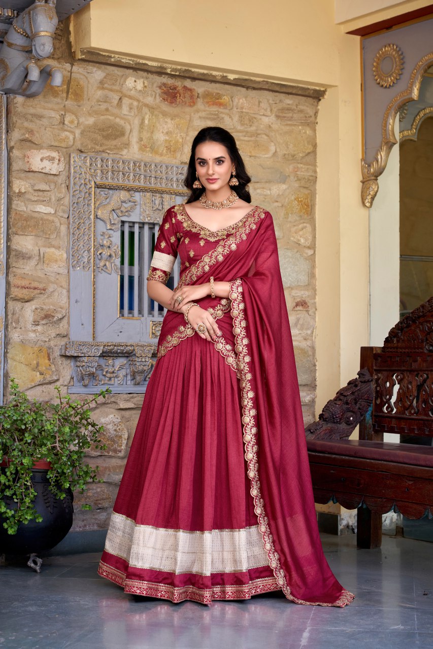 Maroon Vichitra silk zari weaving work lehenga choli with dupatta