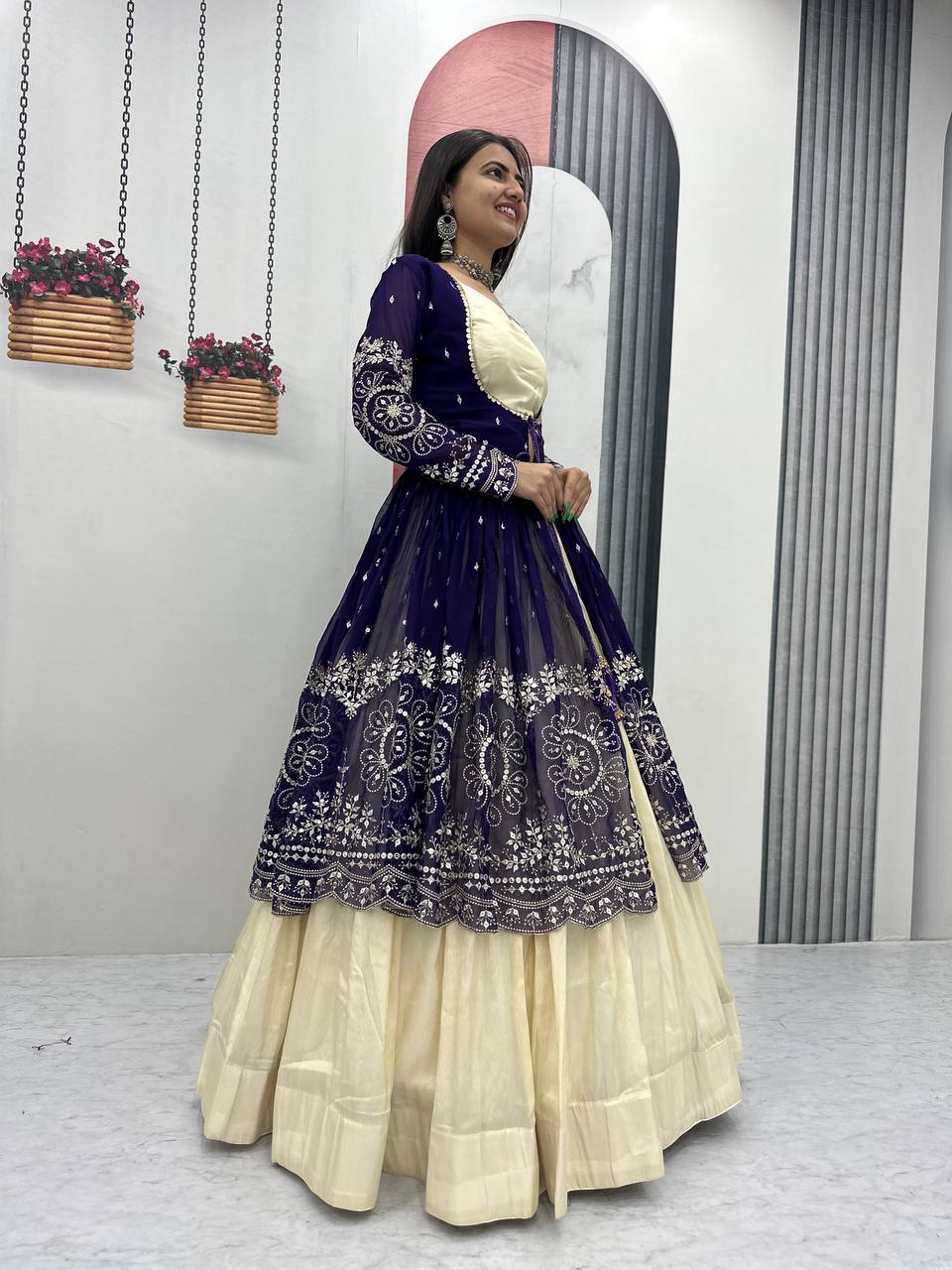 Tulika navy blue Cosmos silk lehenga choli with heavy thread and sequins work with shrug