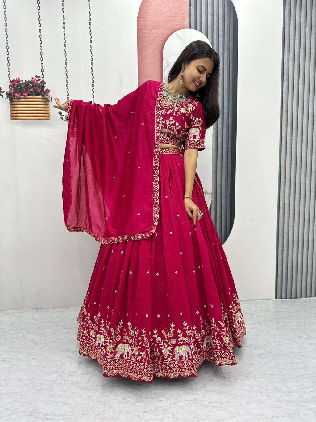 Gopi pink Vichitra silk lehenga choli with embroidery sequins thread work