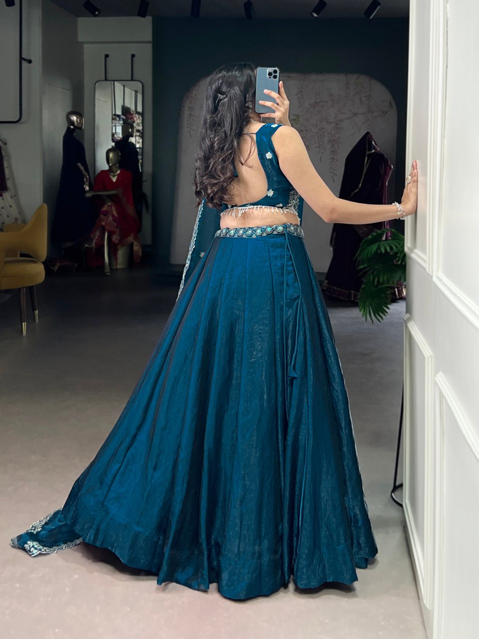 Teal blue fendi silk lehenga choli with embroidery sequins thread work and dupatta