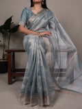 Sky blue poly shimmer thread embroidered saree with unstitched blouse