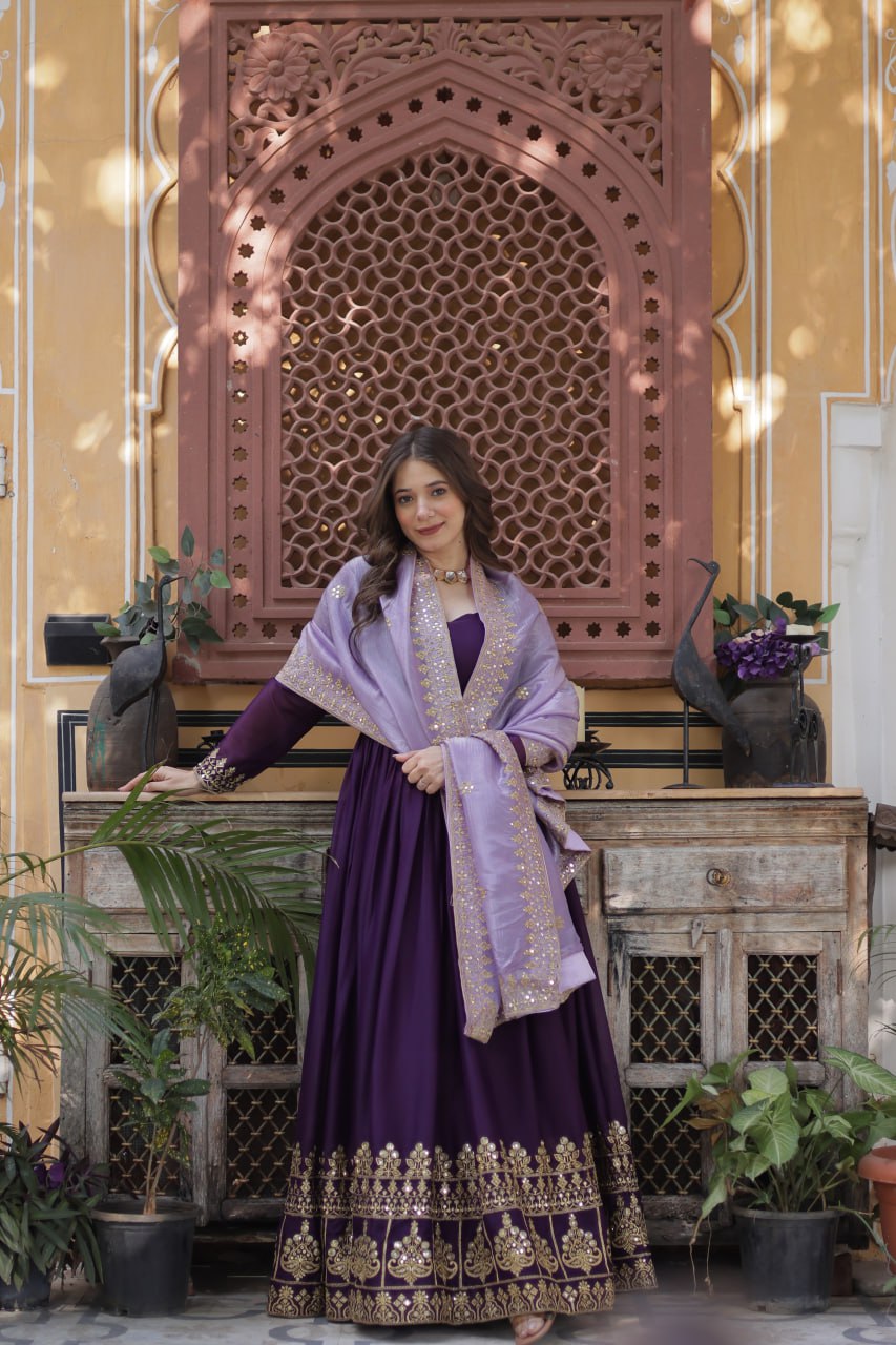 Purple star georgette embroidered zari sequins work gown with dupatta